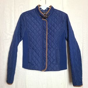 U2B Women's S Puffer Moto Jacket Blue Buckle Collar Ribbed Contrast Quilted